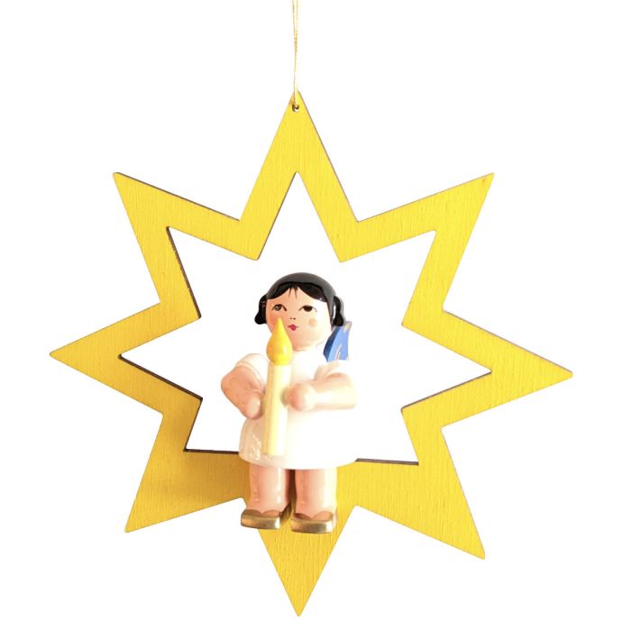 Stern klein gelb mit Engel m. Kerze, blaue Flügel - 199-062-511B