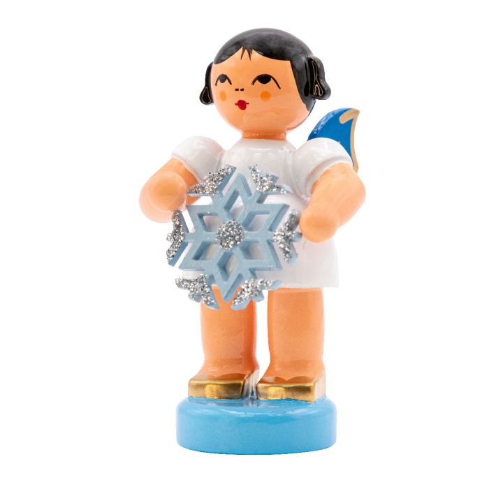 Engel stehend mit Schneekristall, blaue Flügel - 225/270/37B